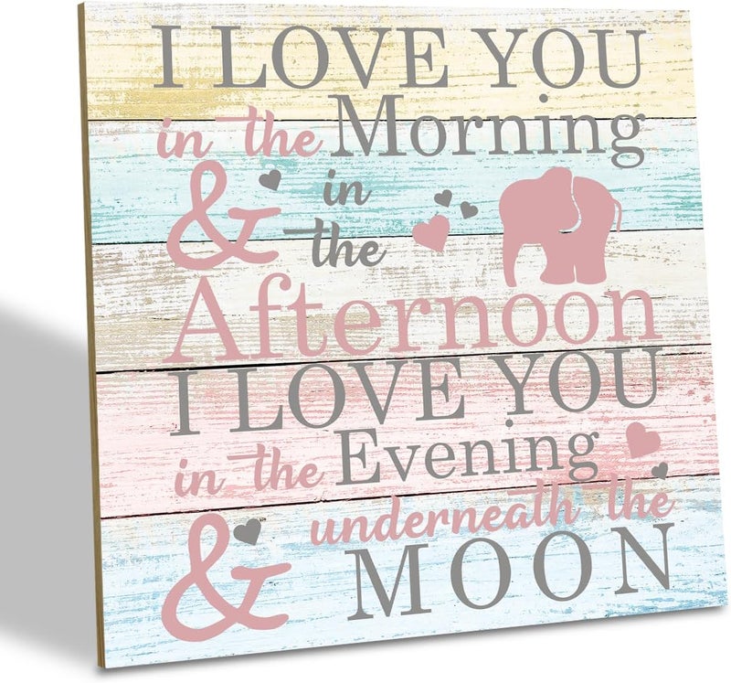 SUSZDOU Love Sign, Wood Plaque Table Art Sign 6.2 * 6.2inch, Elephant Wood Sign for Nursery, Decoration for Baby Girls Room, Daughter's Room Decor, I Love You in the Morning Afternoon Evening & Moon A - Image 1
